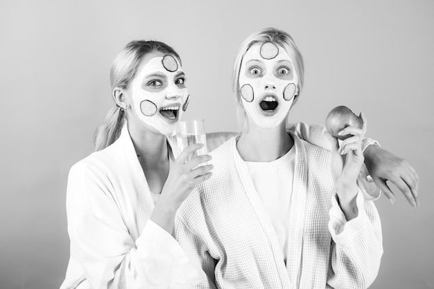 A split image showing two women: one applying toner to her face with a cotton pad, and the other gently patting serum into her skin, both with serene expressions, emphasizing the importance of a gentle and mindful skincare routine.