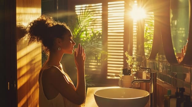 A brightly lit bathroom scene with a woman standing at the sink, applying sunscreen to her face, with a window in the background showing a sunny day, emphasizing the daily importance of sun protection.