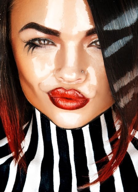 A split image showing a traditional American makeup style (heavy contouring, bold lipstick) on one side and a typical K-beauty look (glowy skin, natural lip tint) on the other, with K-drama posters in the background.