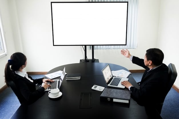 A lawyer in a conference room, pointing at a screen displaying evidence of copyright infringement related to Korean dramas.