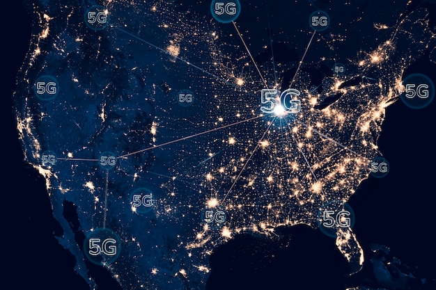 A stylized graphic of radio waves emanating from a cell tower, with a map of the United States in the background, highlighting the geographical coverage and distribution of 5G spectrum.