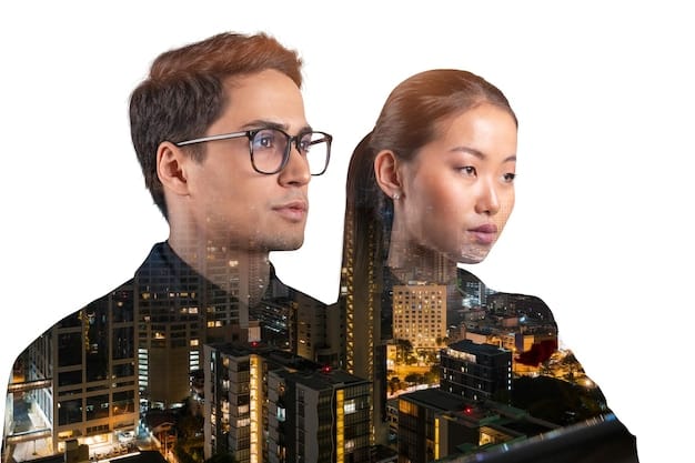 A side-by-side comparison image. On one side, an AR user is interacting with a real-world scene enhanced with digital information displayed on a tablet. On the other side, a VR user is wearing a headset and holding controllers, completely immersed in a futuristic, digital landscape.