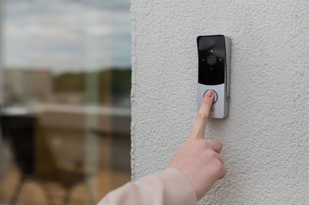 Close-up shot of a smart lock on a front door. The focus is on the keypad with a finger hovering over the 