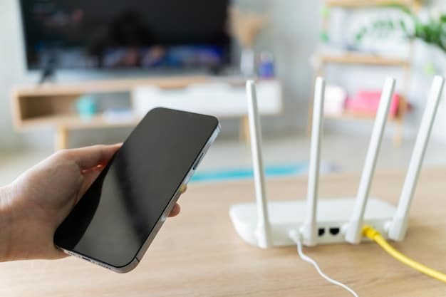 A Wi-Fi router with various cables plugged into it. A hand is reaching in to press the WPS button. A smartphone is slightly blurred in the background showing a Wi-Fi settings screen.
