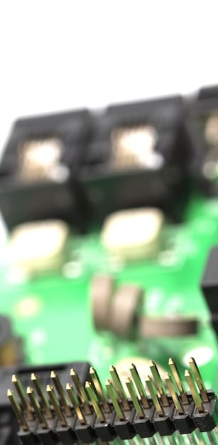 A detailed close-up of a graphics card (GPU) installed in a PC motherboard, highlighting the cooling system and the connections. The lighting in the image should be dramatic to emphasize the details of the card.
