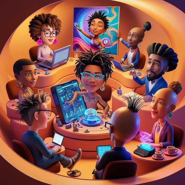A group of diverse individuals represented as cartoonish avatars meeting in a collaborative virtual workspace. The workspace features interactive charts, 3D models, and real-time data visualizations.