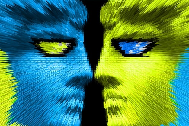 A split screen showing a thriving, colorful metaverse environment on one side and a shadowed, glitching screen on the other, representing the challenges of cybersecurity and technological issues.