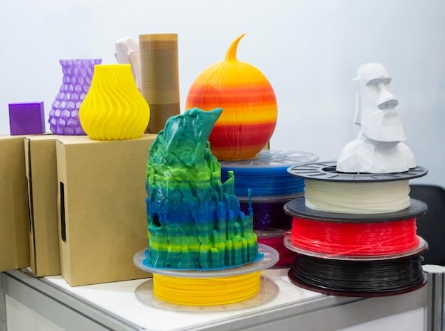A well-organized workspace with various colored filaments neatly spooled and labeled, showcasing a selection of different 3D printing materials.