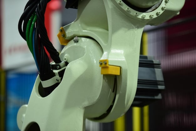 A close-up of a high-precision robotic arm assembling electronics components. The robot is equipped with advanced sensors and vision systems, ensuring accurate placement and connection of parts. The background is a clean, modern production line with other automated systems in operation, demonstrating the integration of robotics in the electronics manufacturing industry in the US.