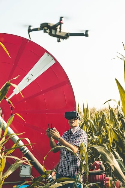 A field of crops being monitored by a drone equipped with multispectral cameras. The drone is capturing high-resolution images of the plants, which are being analyzed in real-time to detect signs of stress, disease, or nutrient deficiencies. The scene represents the use of precision agriculture technologies to optimize crop management and improve yields in the US.