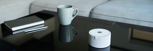 A close-up shot of various IoT devices (smartwatch, smart thermostat, smart speaker) with digital security icons overlayed on each device, symbolizing the importance of cybersecurity in everyday connected devices.