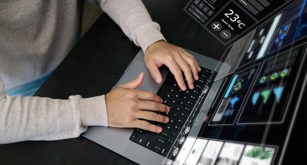 A close-up of a data scientist's hands typing code on a keyboard, with multiple monitors displaying lines of code, data visualizations, and statistical models.