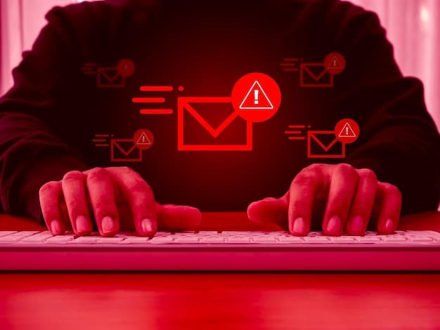 An illustration depicting a person receiving a suspicious email with a prominent fake logo. Red flags are circling around the email, highlighting potential phishing indicators such as poor grammar, urgent requests, and mismatched sender address.