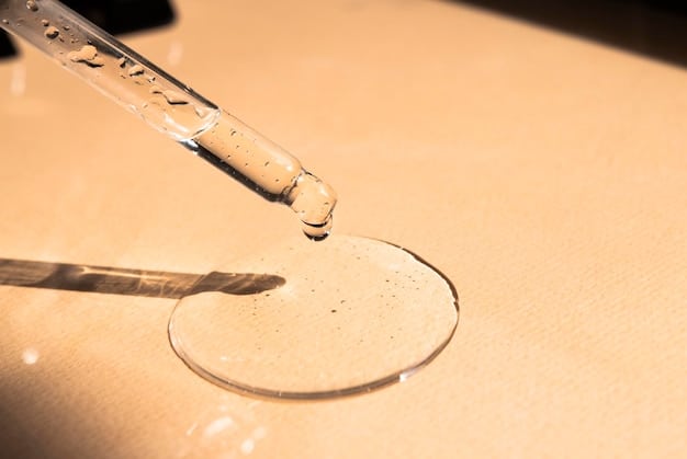 A close-up shot focusing on the texture and consistency of a popular Korean serum, highlighting its light, viscous quality. The background is blurred, emphasizing the serum's ingredients and innovative formula.