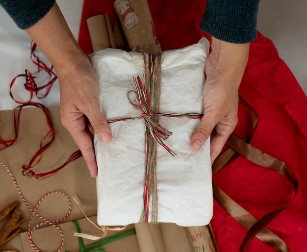 A close-up shot of hands exchanging a gift wrapped in traditional Korean paper, highlighting the importance of presentation and respect in gift-giving etiquette.