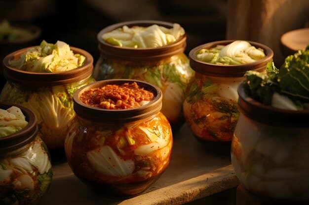 A close-up shot of various Korean fermented foods, including different types of kimchi in ceramic jars, doenjang in a wooden bowl, and gochujang in a traditional earthenware container. The image highlights the rich colors and textures of the fermented foods.