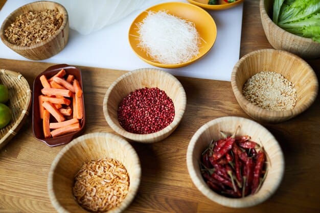 A well-stocked Korean pantry with various ingredients such as gochujang, gochugaru, soy sauce, sesame oil, rice cakes, and dried seaweed, neatly arranged on shelves.