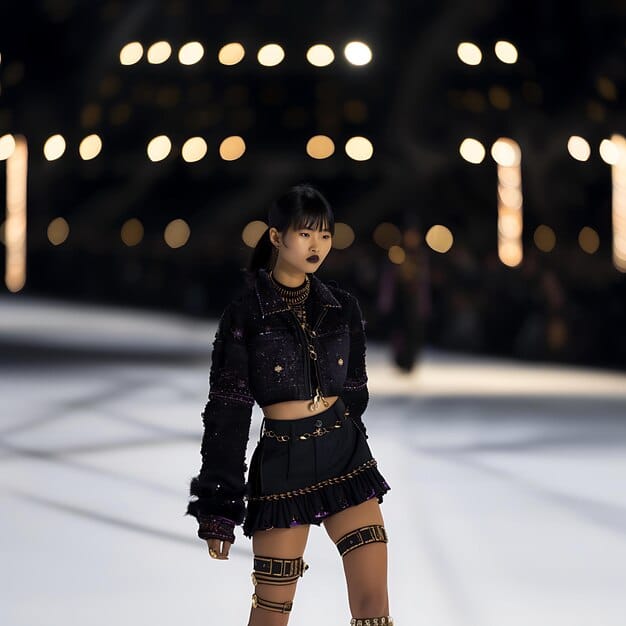 Blackpink's Jennie Kim, wearing a Chanel outfit at a fashion show. She is surrounded by photographers and fans, capturing the moment. The image highlights the blend of high fashion and K-Pop influence.