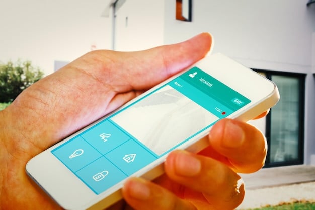 A person using the Abode mobile app on a smartphone to control their smart home security system. The app interface shows various devices connected and their status.