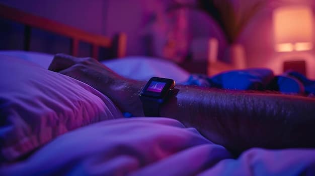 A smartwatch displaying a detailed sleep analysis report, showing the different sleep stages (light, deep, REM) in a colorful graph. The watch is on a bedside table, next to a lamp and a book.