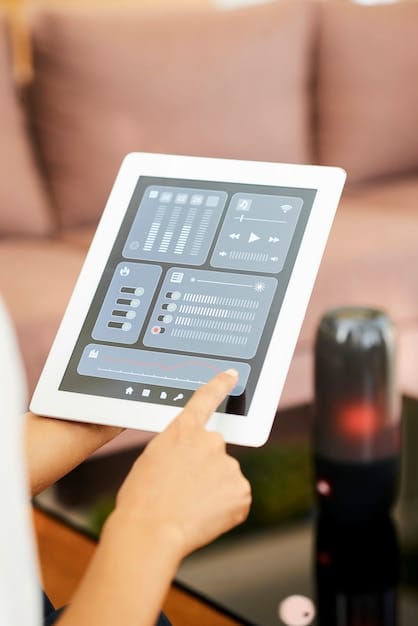 A tablet displaying an advanced AI assistant interface, showcasing personalized recommendations, smart home controls, and proactive alerts. The ambient light is soft and inviting.