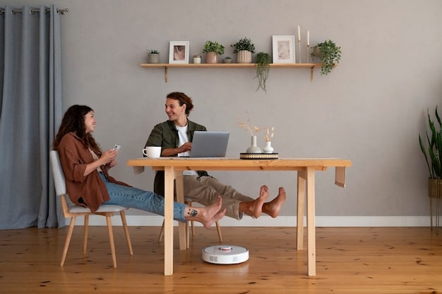 A person in a modern living room interacting with a smart home hub. The hub displays a visual interface showing the control of lights, temperature, and security systems. Graphical overlays show the AI assistant responding to voice commands.