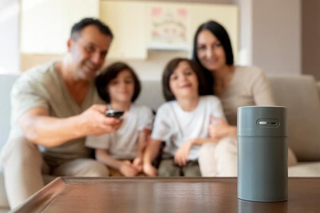 A family gathered in their living room, interacting with Alexa through an Amazon Echo device. The device is displaying information on a screen, and the family is seen laughing and engaging with the AI assistant.